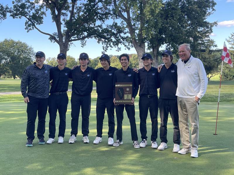 The St. Charles North varsity boys golf team posing after winning the Class 3A South Elgin regional team first place plaque at Bartlett Hills Golf Course on Tuesday, Sept. 28.