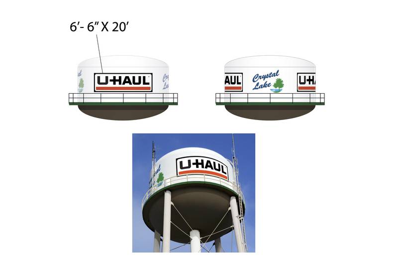 Renderings for a re-imaging of a water tower on U-Haul property located in Crystal Lake near the intersection of Routes 14 and 31. The image would include alternating "U-Haul" and "Crystal Lake" signage.