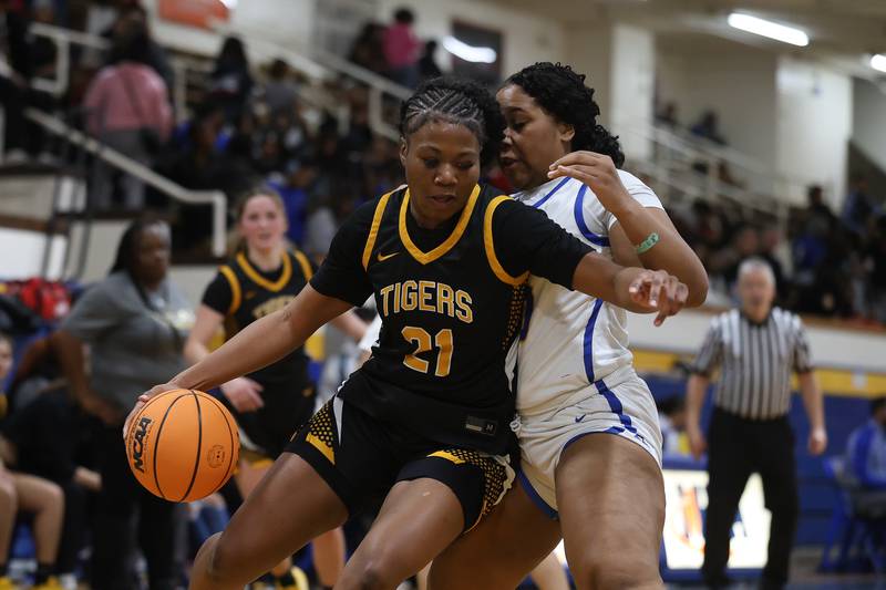 Joliet West’s Jada Thompson works in the paint against Joliet Central on Thursday, Jan. 15, 2026 in Joliet.