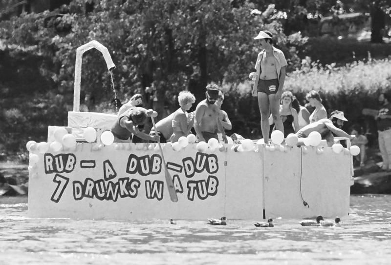 The Anything That Floats races were held from 1978-1986 each year in Peru. Contestants received a free case of Old Style beer upon entering. The rules were simple. To enter, participants needed to build a raft less than 50 feet in length and each person had to have a life jacket on board whether you wore it or not. A rope had to be attached to the raft for towing. Rafts were made from styrofoam, inter tubes or barrels. A minimum of two paddles were required on the float. Rafts were launched at the Starved Rock Boat Ramp and finished at the Peru boat launch area. Overtime, the event grew and got to big and out of control that organizers had to scrap it. This photo was found in the La Salle NewsTribune archives.