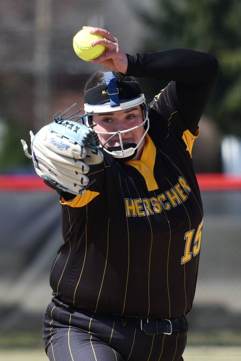 Herscher's Anistin Hackley winds up during a game at Bradley-Bourbonnais Monday, March 24, 2025.