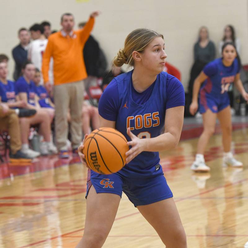 Genoa-Kingston's Madelynn Swanson handles the ball against Oregon on Friday, Jan. 30, 2026 at the Blackhawk Center.