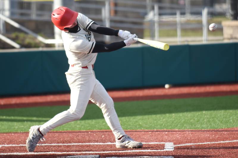 Bradley-Bourbonnais' Jace Boudreau hits a pitch during a game against Kankakee at 315 Sports Park in Bradley Friday, March 27, 2026.