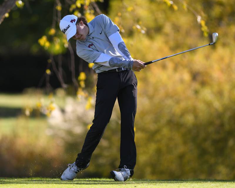 Plainfield North's Casey Sanborn tees off on Monday Oct. 7, 2024, during the 3A sectional match held at Blackberry Oaks Golf Course in Bristol.