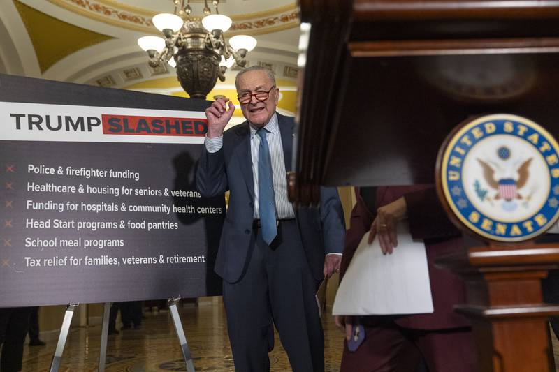Senate Minority Leader Chuck Schumer, D-N.Y., speaks about the first weeks of the Trump administration, Tuesday, Jan. 28, 2025, on Capitol Hill in Washington. (AP Photo/Jacquelyn Martin)