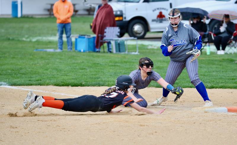 Princeton second baseman Sylvie Rutledge doubles off Kewanee's Abby Gerard off first base after catching a line drive in the second inning in Thursday's game at Little Siberia. Kewanee won the game 6-2.