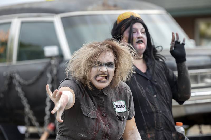 Eerie characters greet parade goers in the Fiesta Parade Saturday, Sept. 20, 2025 in Sterling. Two local haunted houses spooked and scared parade goers with their ghastly fun.