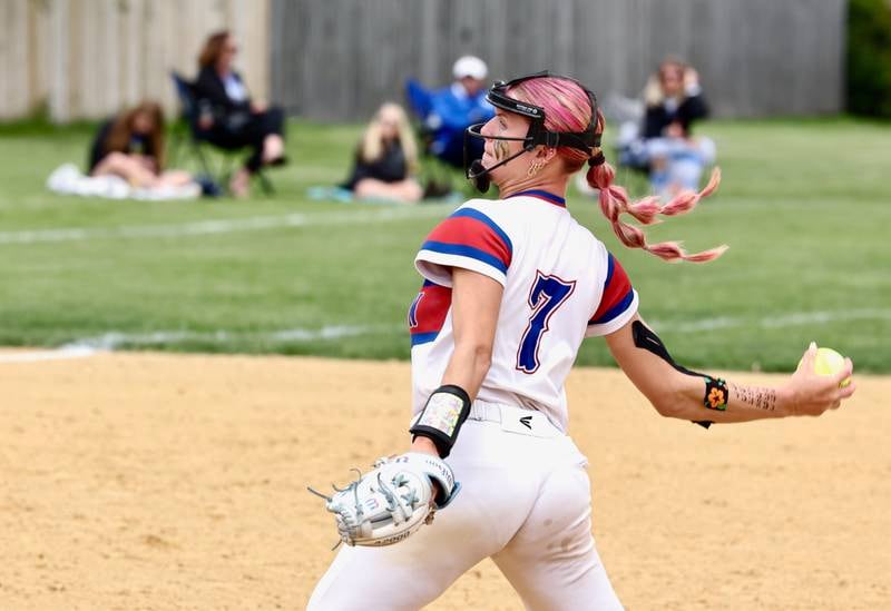 Morrison ace pitcher Bella Duncan fires a pitch in Saturday's regional championship at Princeton. The Fillies beat Princeton 9-0 to advance to the Class 2A Woodstock Marian Sectional on Wednesday.
