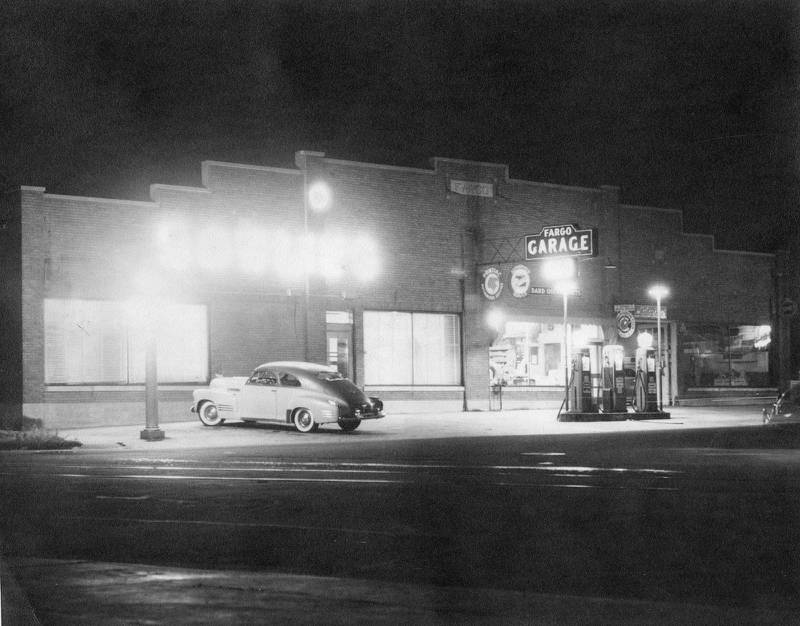 Fargo Garage at night on State Street in Sycamore, circa 1950.