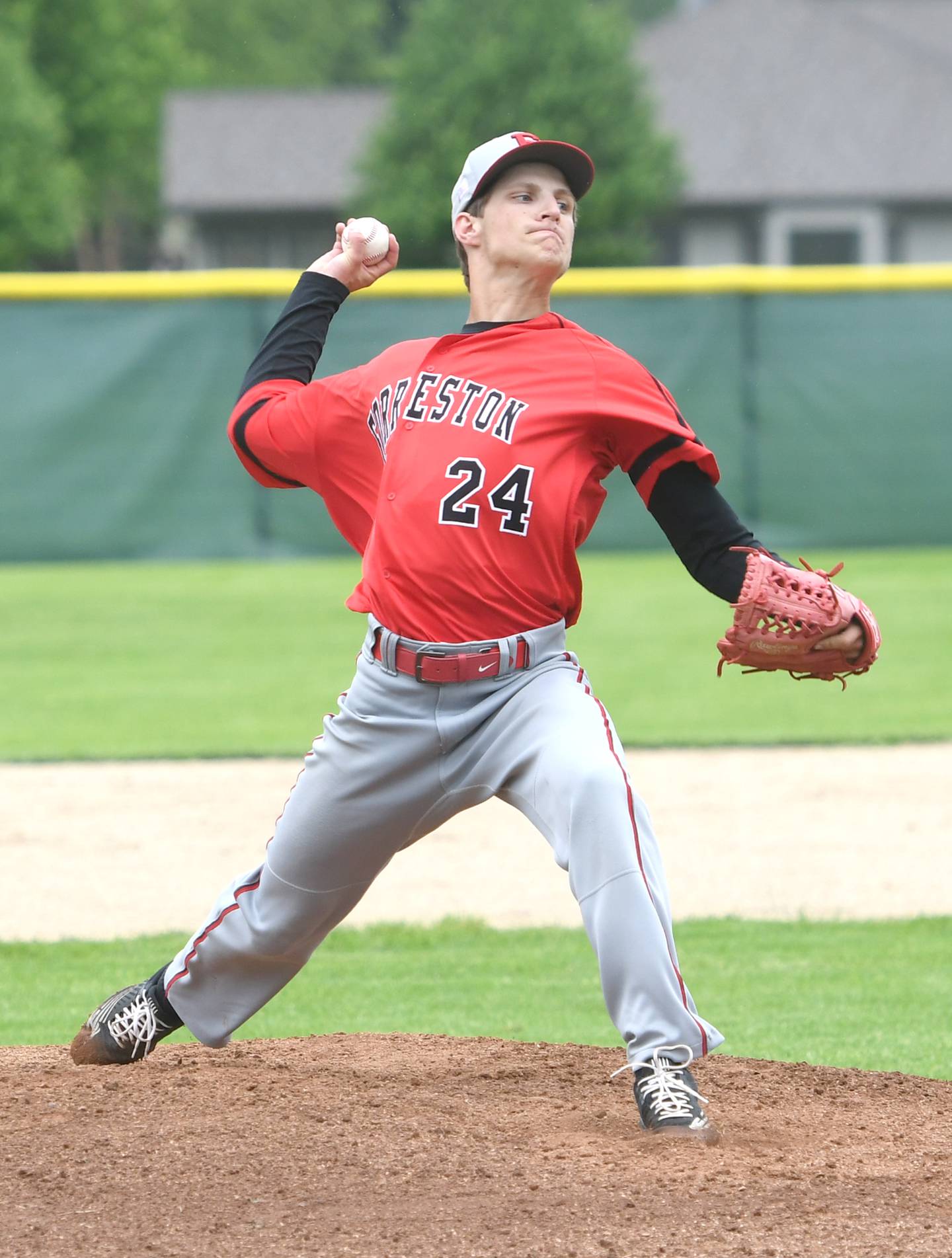 Forreston's Dylan Greenfield pitches against Sterling Newman in regional action on May 21.