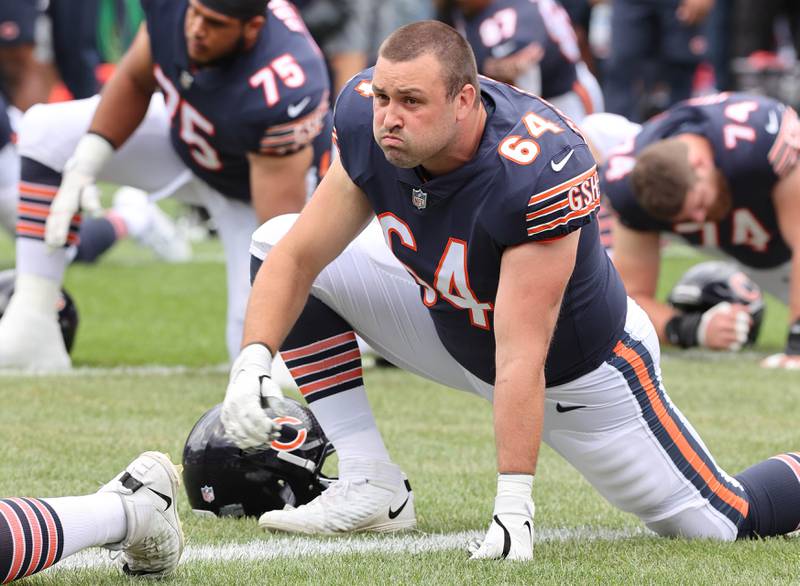 Chicago Bears guard Michael Schofield stretches before the Bears take on the Kansas City Chiefs Sunday, Aug. 13, 2022, at Soldier Field in Chicago. The Bears beat the Kansas City Chiefs 19-14.