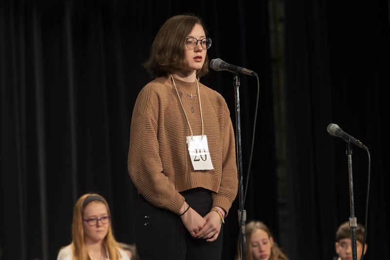 Aplington 8th grader Aubrey Herndon competes Thursday, Feb. 21, 2024 at the Lee-Ogle-Whiteside regional spelling bee. Herndon missed on the word “trounce” in round three.
