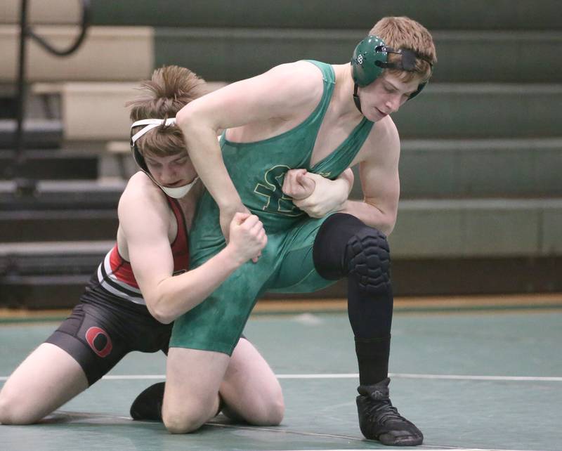 St. Bede's Garrett Connelly wrestles Orion's Kaden Edmunds during a triangular meet on Wednesday, Jan. 18, 2023 at St. Bede Academy.