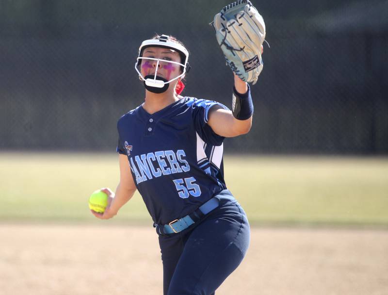 Lake Park’s Mia Giammarese pitches during the Class 4A St. Charles North Sectional final against St. Charles North on Friday, June 2, 2023.