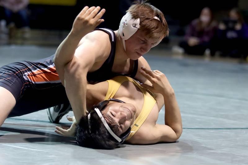 Crystal Lake South’s Erik Gonzalez, bottom, battles McHenry’s Chris Moore in a 160-pound match during varsity wrestling at Crystal Lake Thursday night.