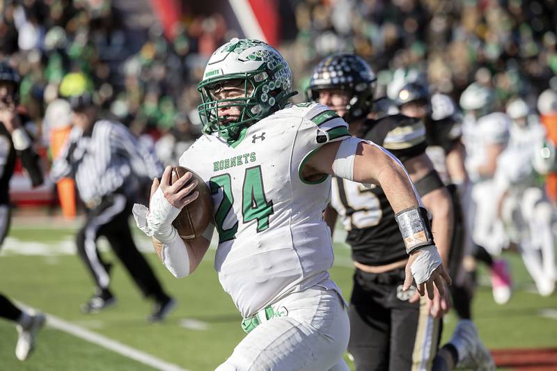Brown County's Trey Fullerton heads for the end zone against Lena-Winslow for the Hornet’s first score of the game Friday, Nov. 28, 2025, in the Class 1A football finals at Hancock Stadium at ISU.