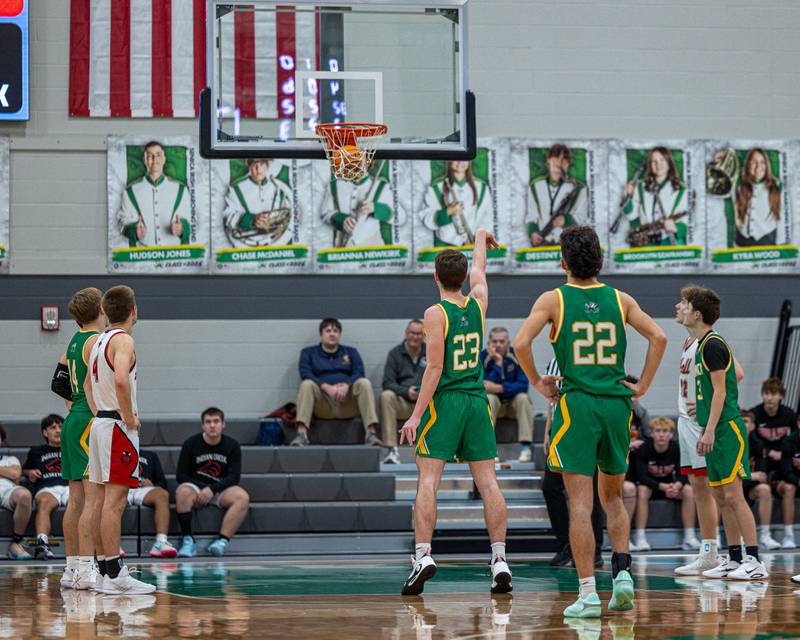 Brady Sheedy (23) of Seneca makes free-throw during game against hall in the Shipyard Showdown on Tuesday, December 23, 2025 at Seneca High School in Seneca.