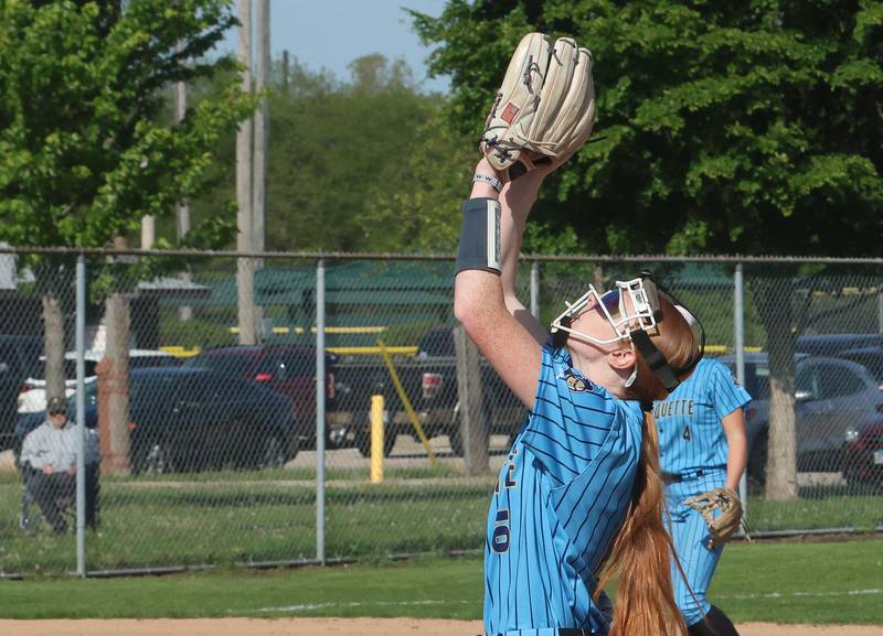 Marquette's Savannah Erickson catches a pop fly on Tuesday, April 23, 2026 at June Cross Field in Ottawa.