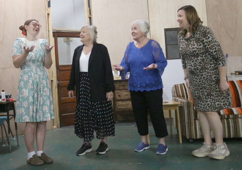 (From left) Annelle played by Emma Kay Gaspardo, Shelby played by Deanne Crook, Ouiser played by Cyndy Bruch, and Truvy played by Christine Gaspardo, act out a scene during a rehearsal of Steel Magnolias on Tuesday, April 21, 2026 at St John XXIII Community Center in Henry. The River Valley Players will perform Steel Magnolias April 30 – May 3. Steel Magnolias is a perfect mix of humor and heart following six women as they navigate life, love, and loss together.