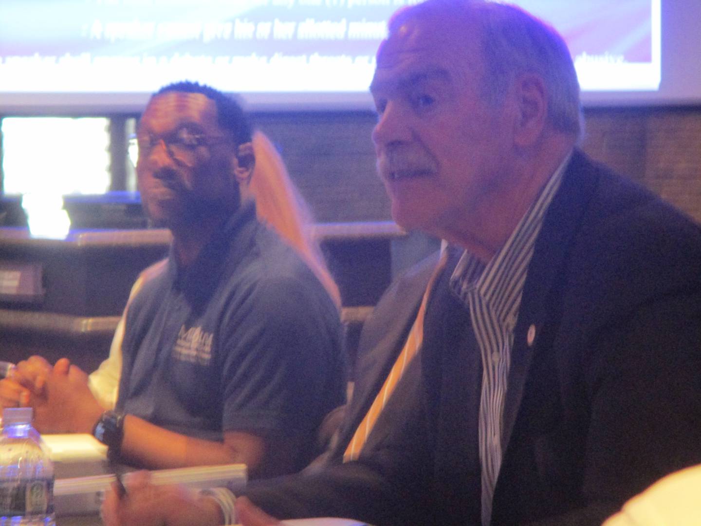 James Roolf (right), chairman of the Joliet Comprehensive Plan Advisory Committee, makes a point at a committee meeting on Wednesday with the Rev. Wendell Martin, vice chairman of the committee, seated nearby.