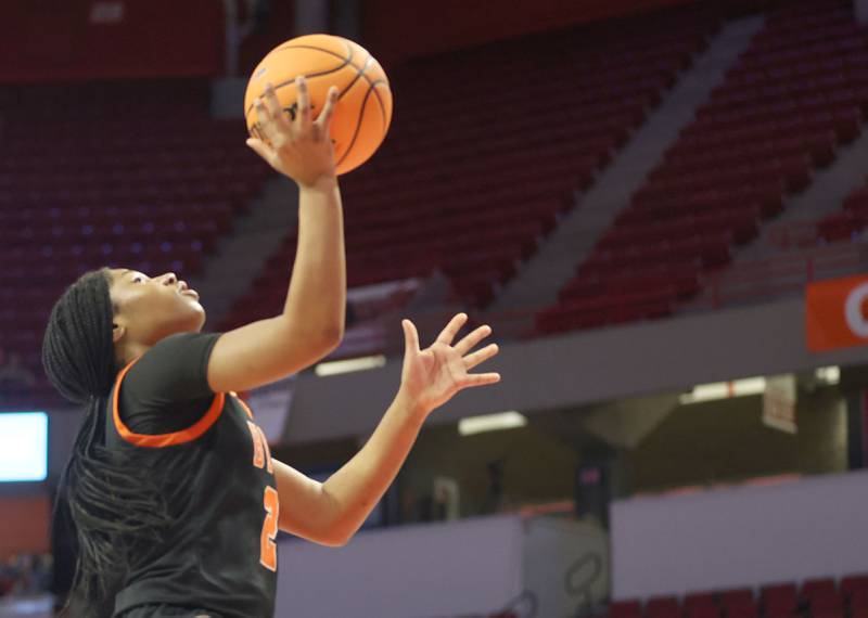 Byron's Malia Morton runs in all alone to score a basket during the Class 2A title game on Saturday, March 7, 2026 at CEFCU Arena in Normal.