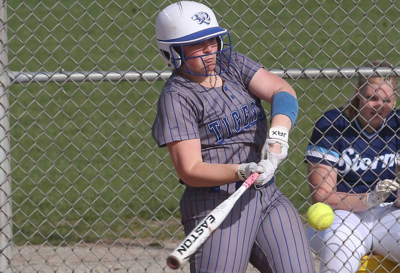 Princeton's Princeton's Avah Oertel gets a hit against Bureau Valley on Thursday, April 25, 2024 at Bureau Valley High School.