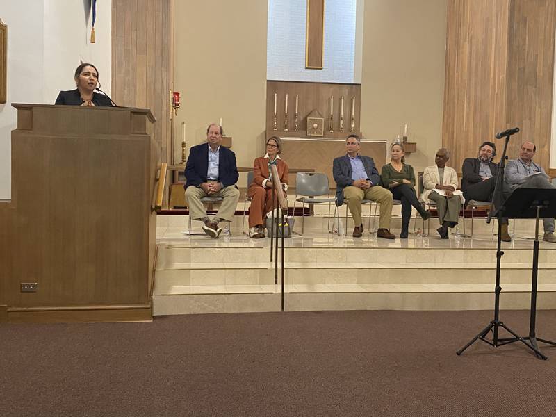 U.S. Rep. Delia Ramirez, D-Chicago, addresses  DuPage United’s annual action assembly Sunday at Trinity Episcopal Church in Wheaton. Ramirez stressed the importance of faith-based organizing to those who attended the assembly.