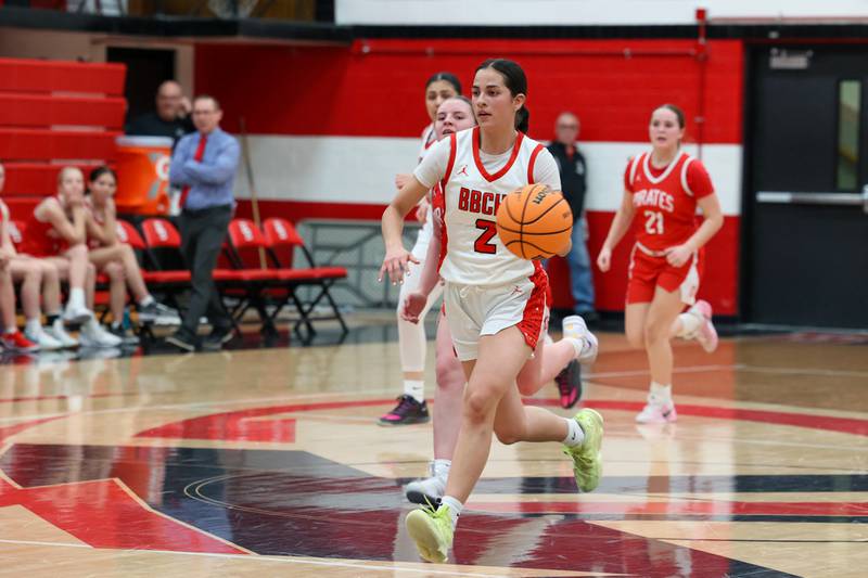 Bradley-Bourbonnais' Abby Bonilla brings the ball up during the Boilermakers' 55-44 loss to Ottawa on Monday, Feb. 9, 2026.