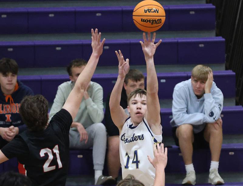 Marquette's Sawyer Ernat shoots a jump shot over Earlville's Landen Tirevold during the Huskers Hardwood Tip-Off Tournament on Tuesday, Nov. 25, 2025 in Serena.