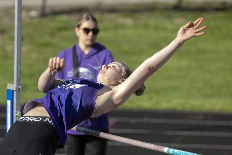 Dixon’s Allison Coss clears the bar in the high jump Thursday, May 8, 2025, during the girls Big Northern Conference track meet.