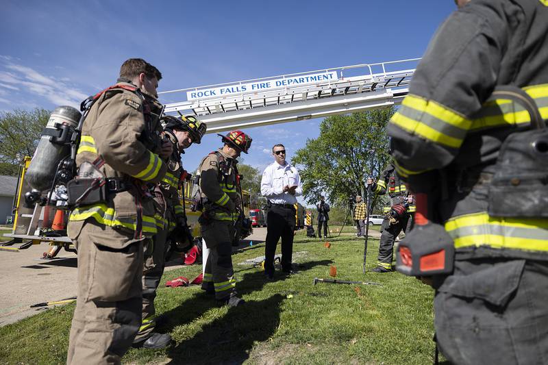 Rock Falls Deputy Chief Kyle Sommers speaks to his crew before training Wednesday, May 1, 2024 in Rock Falls.