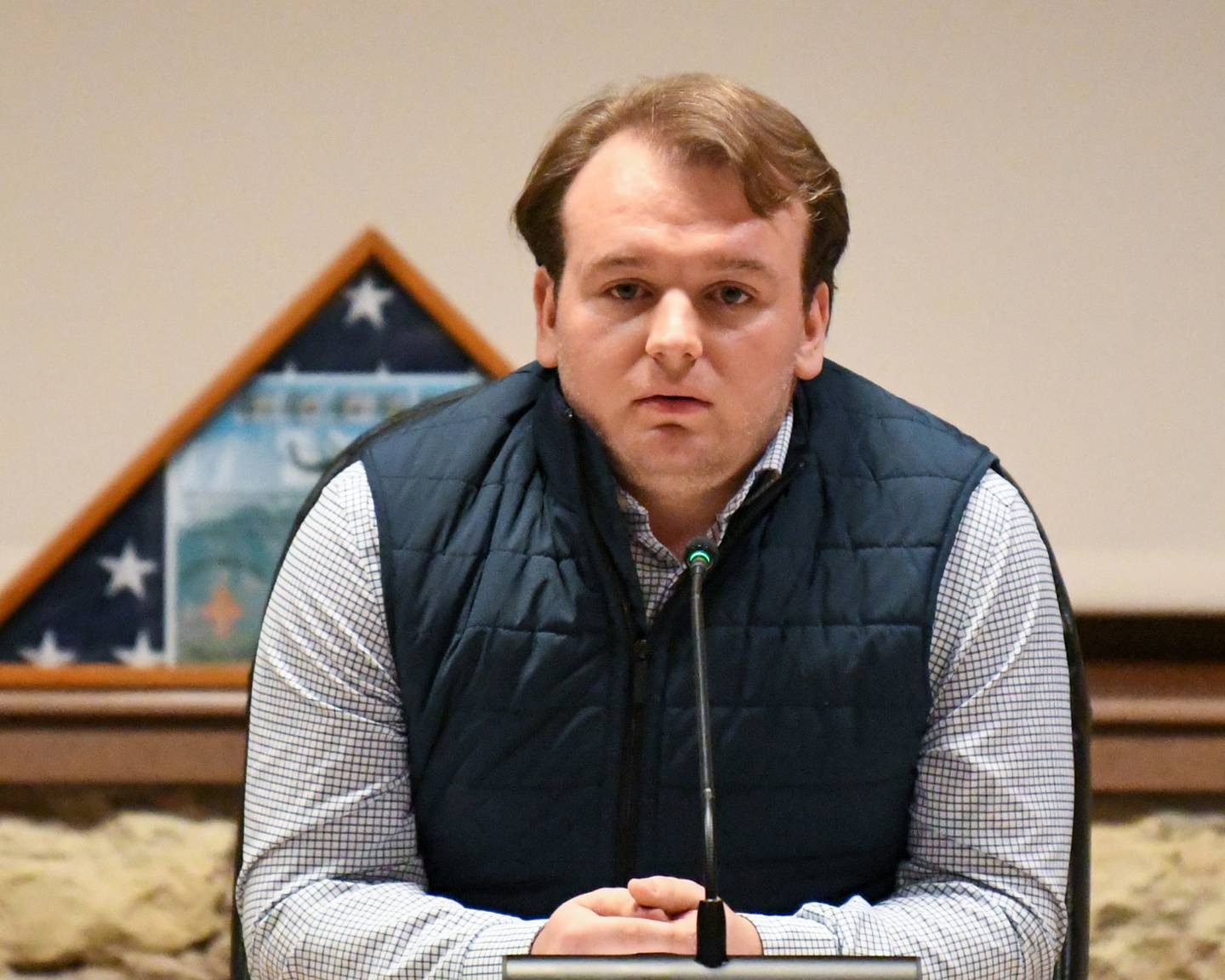 Aris Garcia speaks during a forum on Tuesday Feb. 20, 2024, held at Batavia’s city hall hosted by the League of Woman Voters.