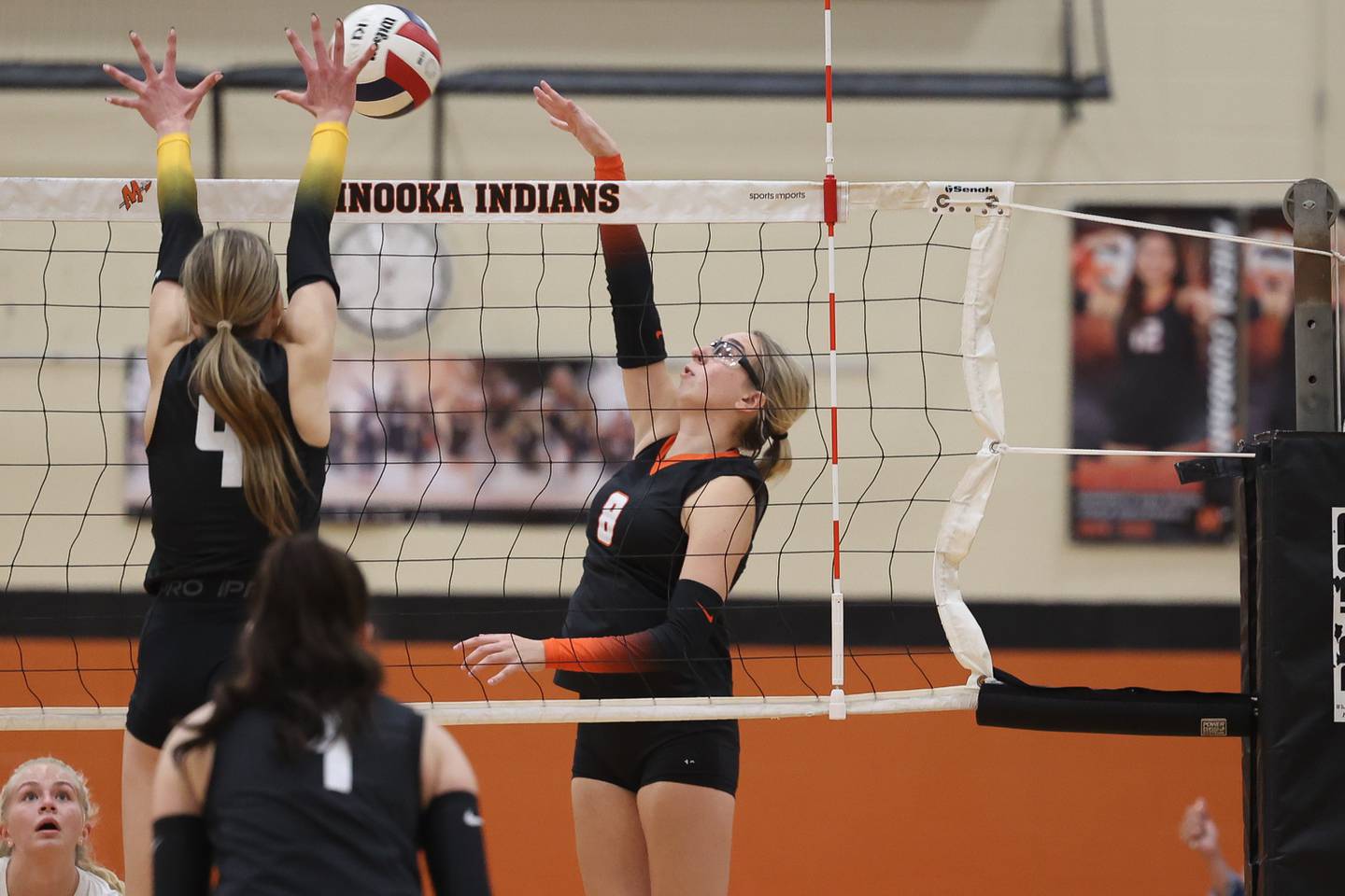 Minooka’s Giada Schrementi hits a shot against Joliet West on Thursday, Oct. 10, 2024 in Minooka.