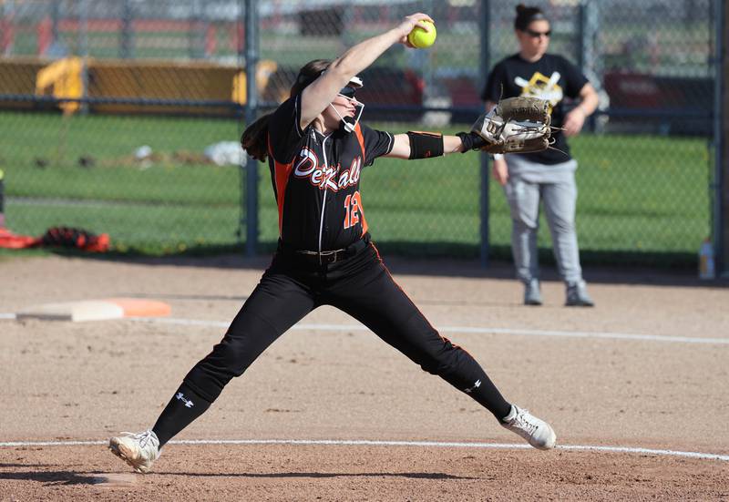 DeKalb's Addison McKiness delivers a pitch Wednesday, April 22, 2026, during their game against Metea Valley at DeKalb High School.
