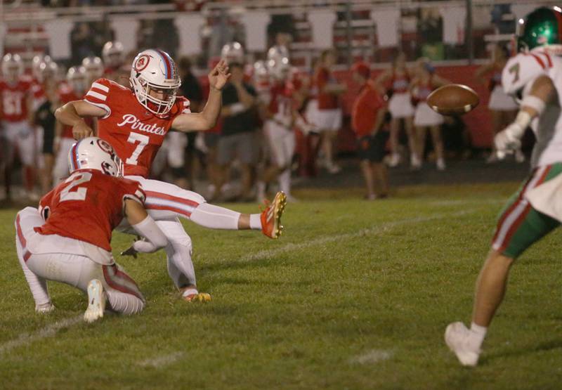Ottawa kicker Lucas Farabaugh boots a field goal with the help of holder Andrew Vercolio against L-P on Friday, Sept. 12, 2025 at King Field.