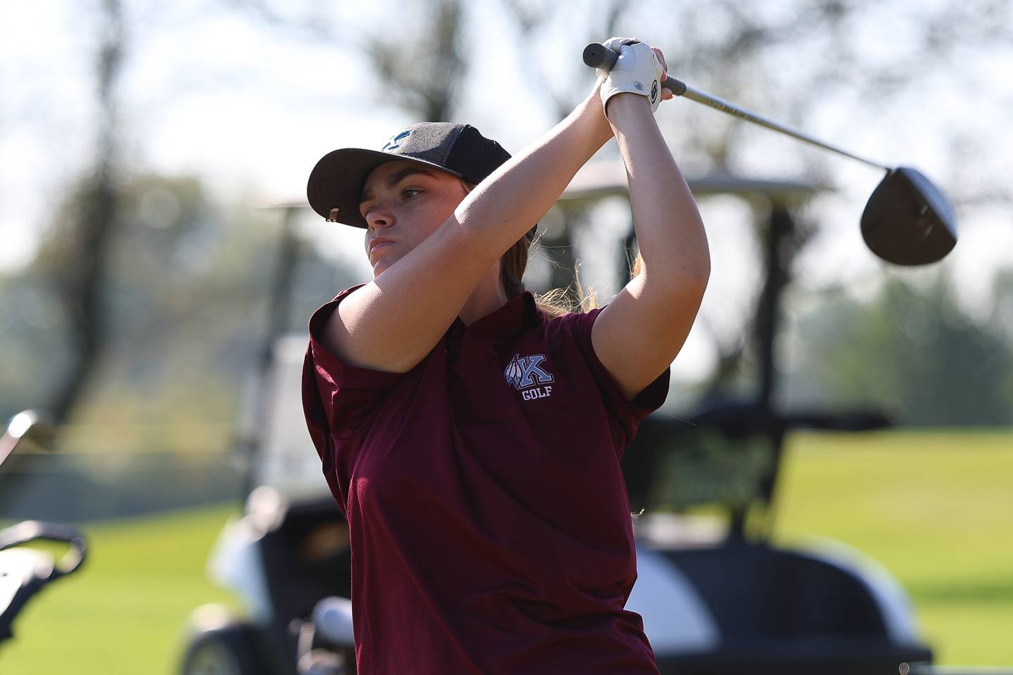 Kankakee's Lillian Landis gets in a few drives before teeing off in the 2A Rich Township Regional girls golf tournament on Tuesday, Sept. 30, 2025 in University Park.