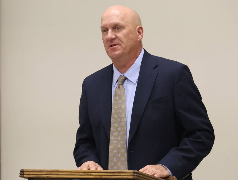 Princeton Police Chief Tom Kammerer speaks during a meet and greet on Tuesday, Nov. 18, 2025 at the Prouty Building in Princeton. Kammerer has been chief in Princeton since 2018 after retiring from the police force in Naperville. He’s been heavily involved in the Princeton community outside of his role as chief.