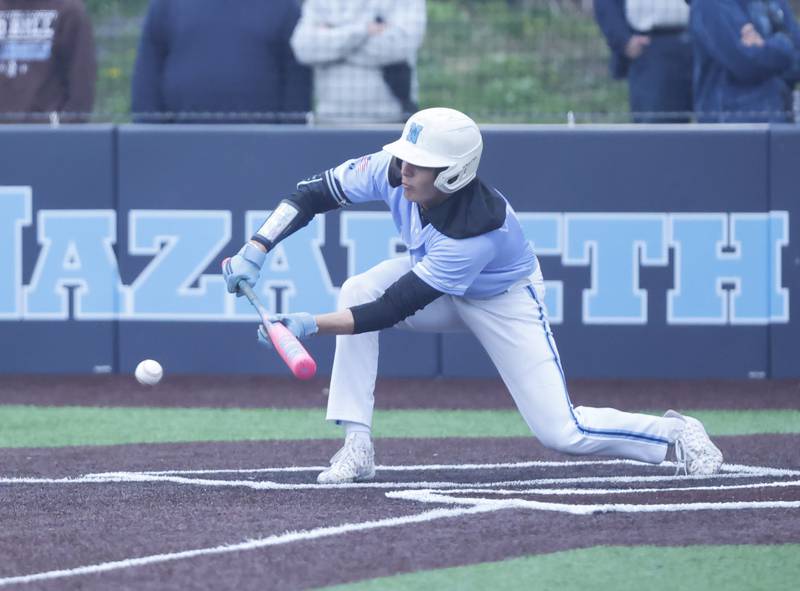 Nazareth's Dominic Chiaramonte (16) lays down a bunt during the varsity baseball game on Wednesday, April 20, 2025 between Nazareth and Joliet Catholic academies in La Grange Park.