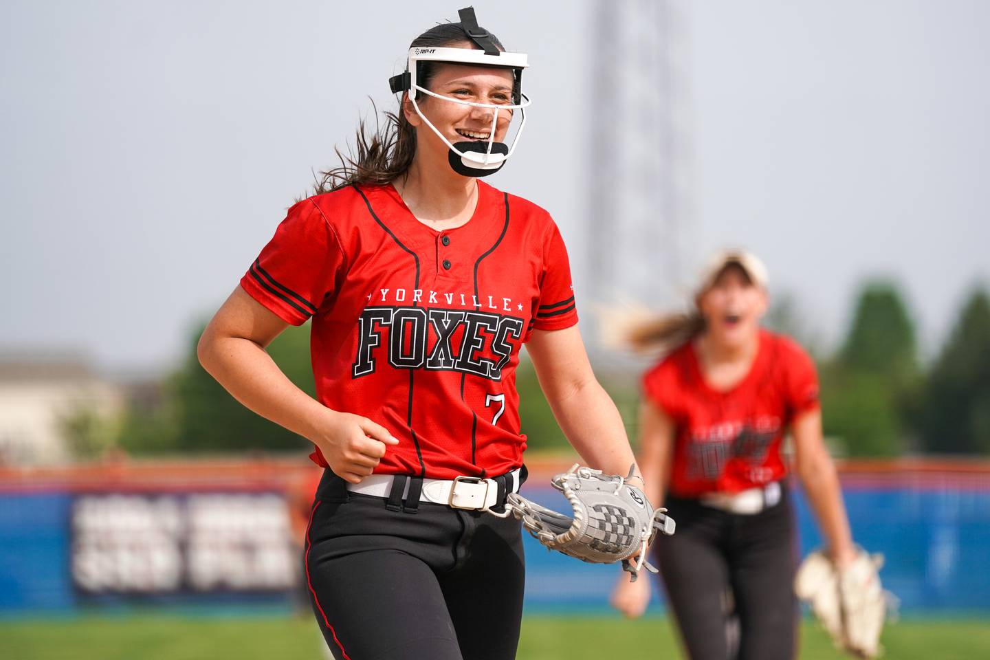 Yorkville's Peyton Levine (7) smiles after recording a strike out to end the inning during a softball game against Oswego at Oswego High School on Thursday, May 15, 2025.