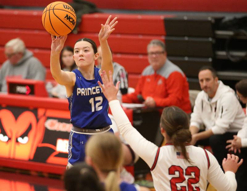 Princeton's Avaya Koning shoots a jump shot over Hall's Kennedy Wozniak on Monday, Jan. 6, 2025 at Hall High School.