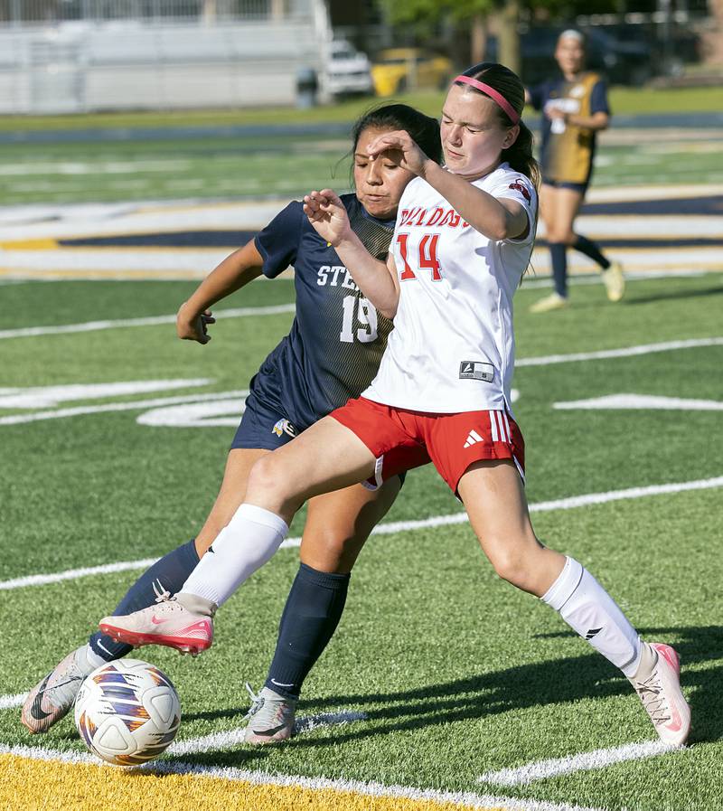 Sterling’s Yilana Molina goes after the ball against Streator’s Emma Robinson Friday, May 15, 2026, during the Class 2A regional soccer quarterfinal.