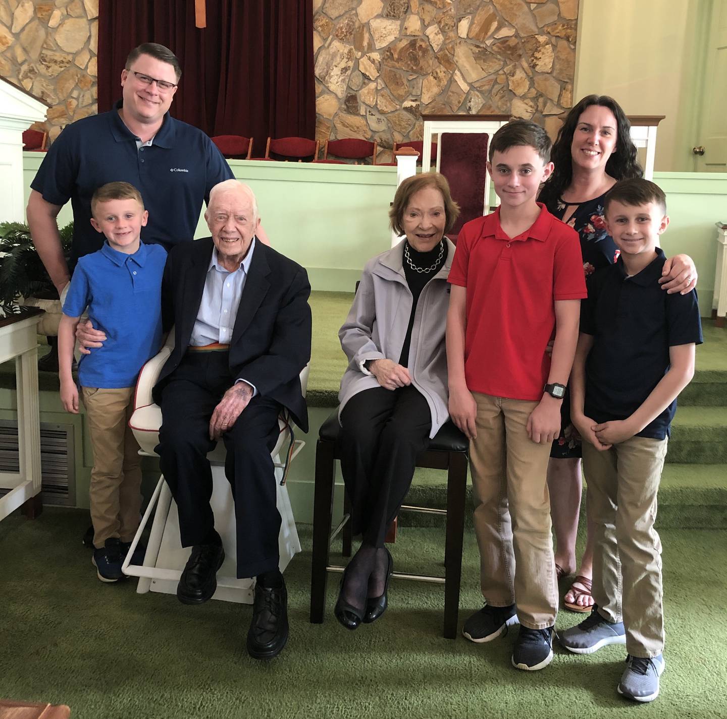 Kane, Joanne, Lucas, Henry and Ethan Farabaugh with former President Jimmy Carter and First Lady Rosalynn Carter at Marsnatha Baptist Church in Pkains, Georgia in January 2020