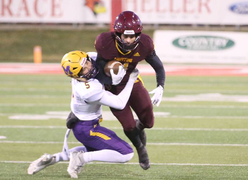 Monticello's Jax Bailey takes down Montini's Nico Castaldo during the Class 3A State football championship on Friday, Nov. 29, 2024 at Hancock Stadium in Normal.