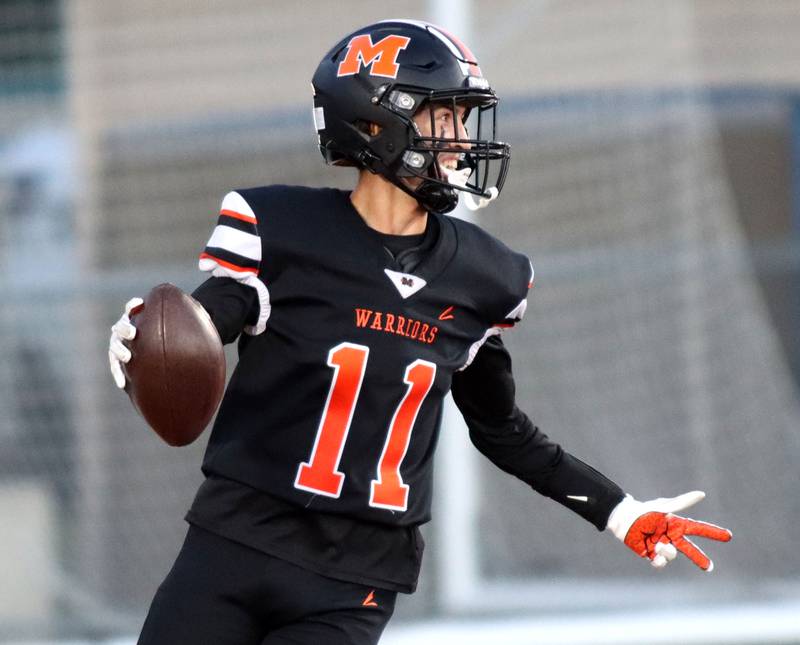 McHenry’s Haydn Schmidt lands in the end zone on an early touchdown against Crystal Lake South in varsity boys football at McCracken Field on the campus of McHenry High School in McHenry on Friday, Sept. 5, 2025.