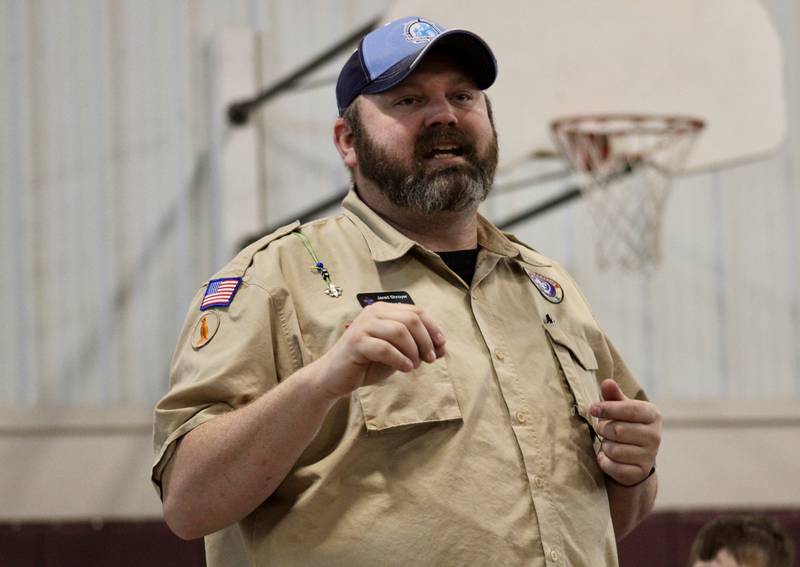 Cub Scout leader Jared Shroyer gives post-intermission instructions during the Cub Scout Pack 85 Derby on Saturday, Feb. 11, 2023, at Bethel Evangelical Congregational Church in Dixon.