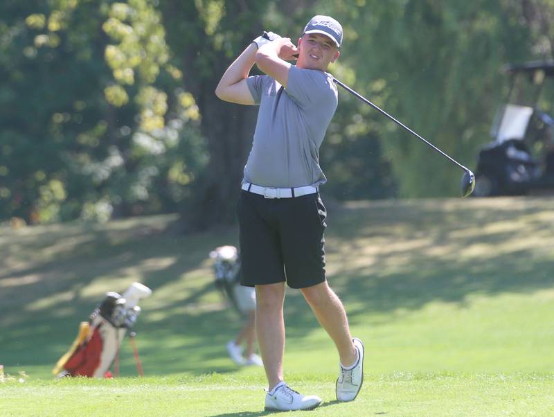 Marmion's Milo Karner tees off during the Pirate Invitational on Monday, Sept. 15, 2025 at Deer Park Golf Club in Oglesby.