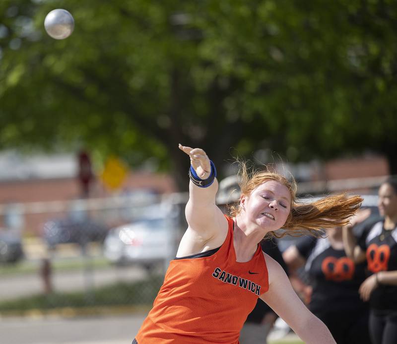 Sandwich’s Scarlett Paul throws the shot Wednesday, May 14, 2025, during Sectionals at Sterling High School.