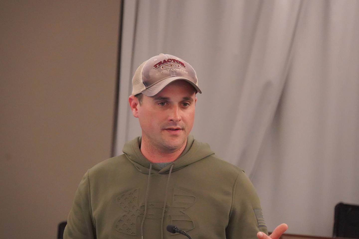 Rochelle Municipal Utilities Superintendent of Water/Water Reclamation Adam Lanning speaks at a public meeting on Nov. 18, 2025 regarding a potential data center locating in Rochelle.