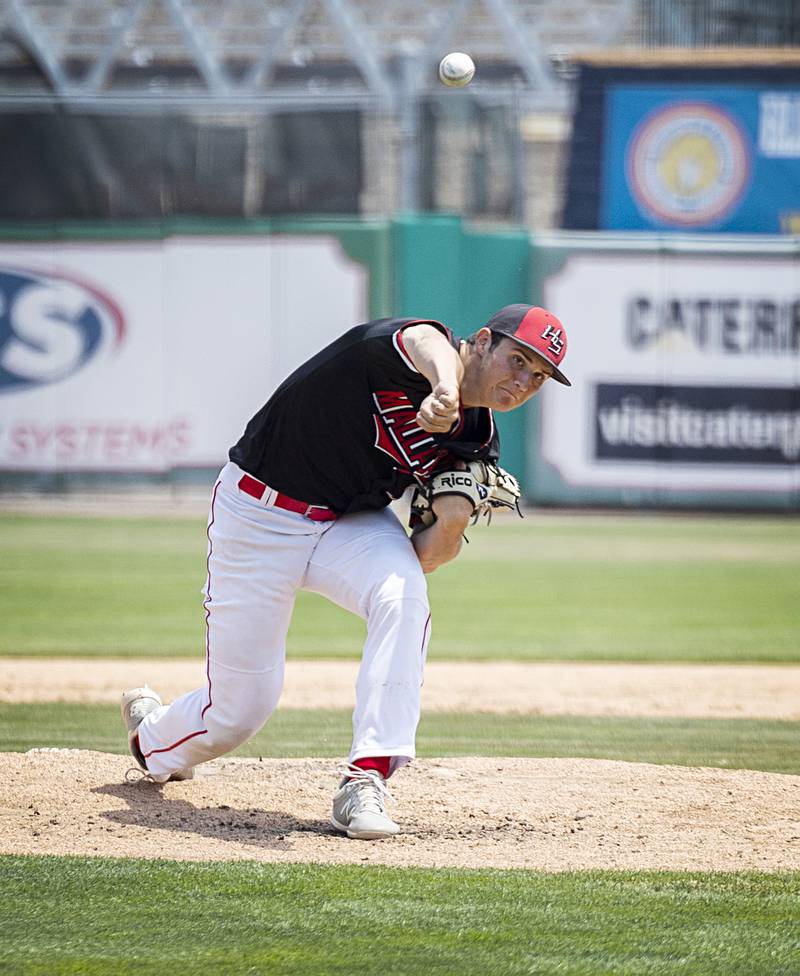 Henry-Senachwine’s Lance Kiesewetter fires a pitch against Gibrault Saturday, June 3, 2023 during the IHSA class 1A championship baseball game.