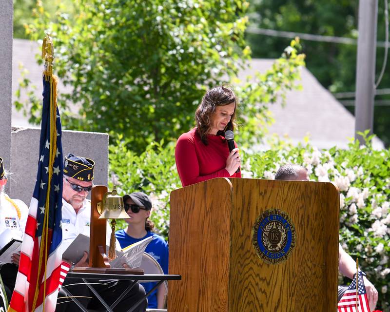 Yorkville’s Superintendent of Park and Req Shay Remus welcomes everyone to the Memorial Day event on Monday May 26, 2025, held at Town Square Park in Yorkville.
